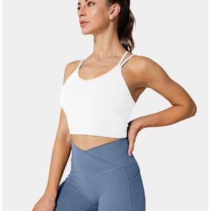 White Halara crisscross tank with built in bra